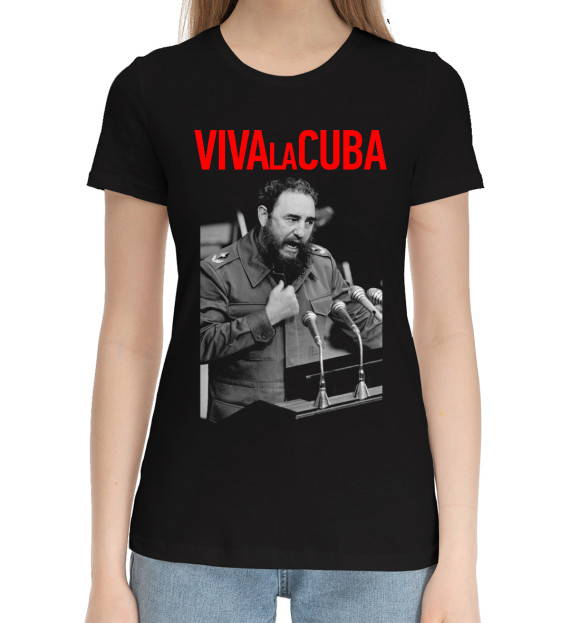 Женская хлопковая футболка с изображением Фидель Кастро цвета Черный