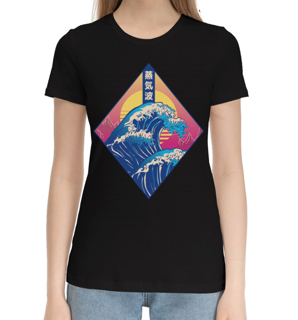 Женская хлопковая футболка с изображением Vaporwave Japanese wave цвета Черный