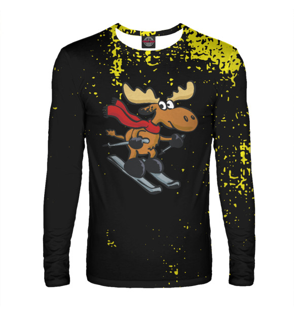 Мужской лонгслив с изображением Moose riding ski cartoon цвета Белый