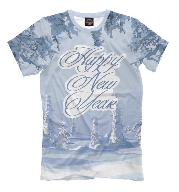 Мужская футболка с изображением HAPPY NEW YEAR в лесу цвета Белый
