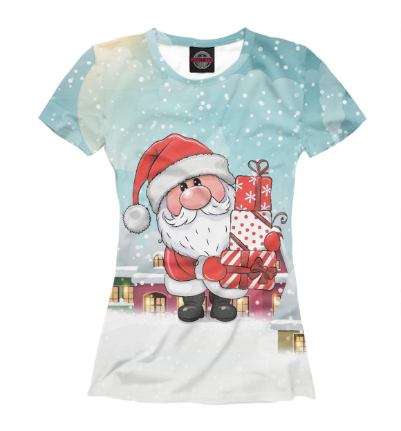Женская футболка с изображением Санта Клаус с подарками цвета Белый