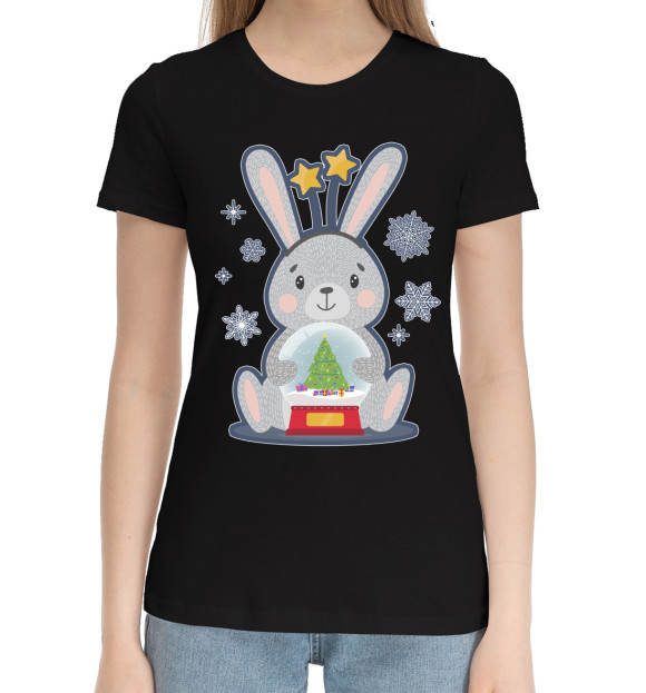 Женская хлопковая футболка с изображением Кролик со снежным шаром цвета Черный