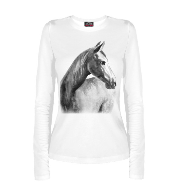 Женский лонгслив с притом Мечтательный конь цвета Белый Женский лонгслив с изображением Мечтательный конь цвета Белый