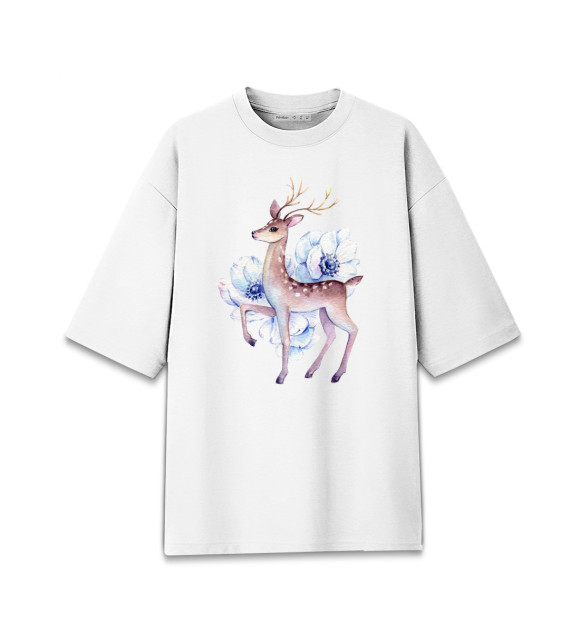 Женская футболка оверсайз с изображением Deer and flowers цвета Белый