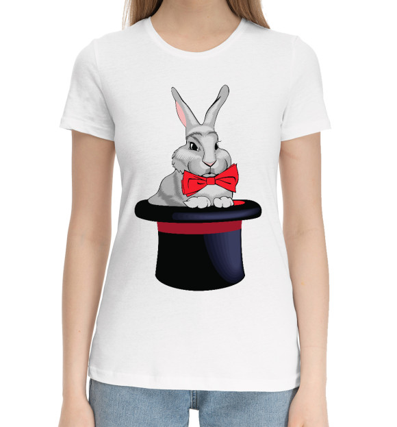 Женская хлопковая футболка с изображением Кролик в шляпе цвета Белый