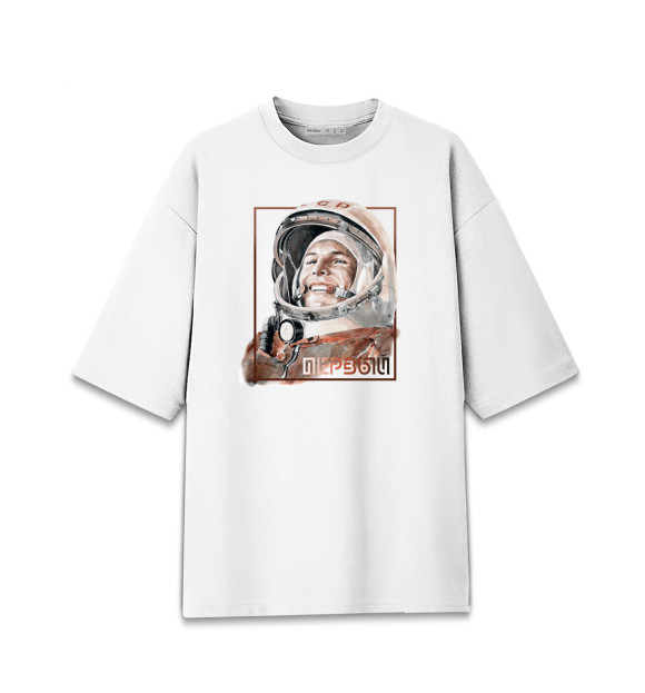 Мужская футболка оверсайз с изображением Гагарин цвета Белый