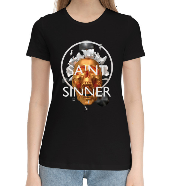 Женская хлопковая футболка с изображением Saint Sinner цвета Черный