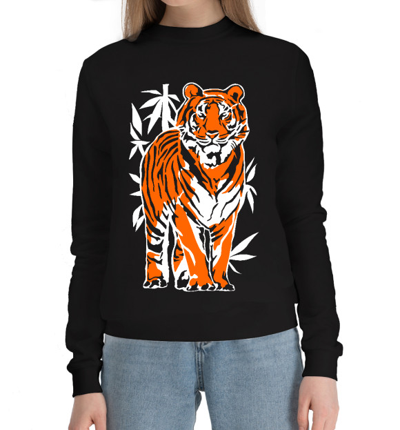 Женский хлопковый свитшот с изображением Тигр в джунглях. цвета Черный