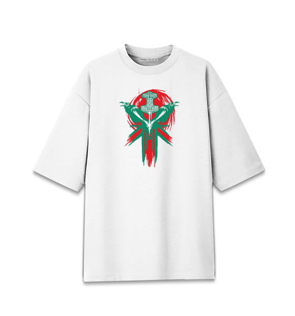 Мужская футболка оверсайз с изображением Вороны Одина и Мьёльнир цвета Белый