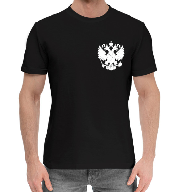Мужская хлопковая футболка с изображением Россия - Герб цвета Черный