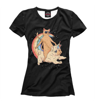Женская футболка Кот и Мопс единорог