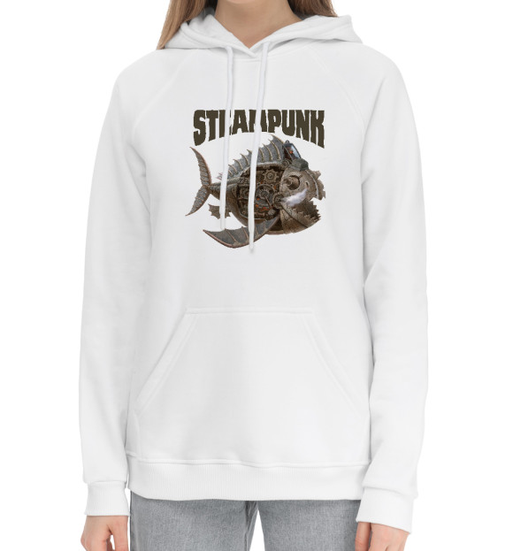 Женский хлопковый худи с изображением Рыболет стимпанк цвета Белый