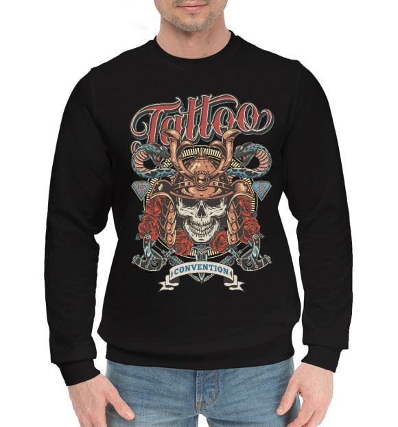 Мужской хлопковый свитшот с изображением Тату самурай цвета Черный