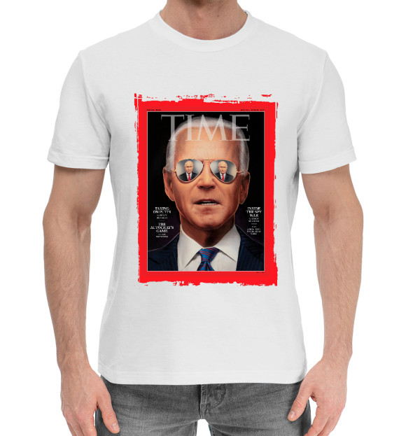 Мужская хлопковая футболка с изображением Журнал Тайм, Байден - Путин цвета Белый