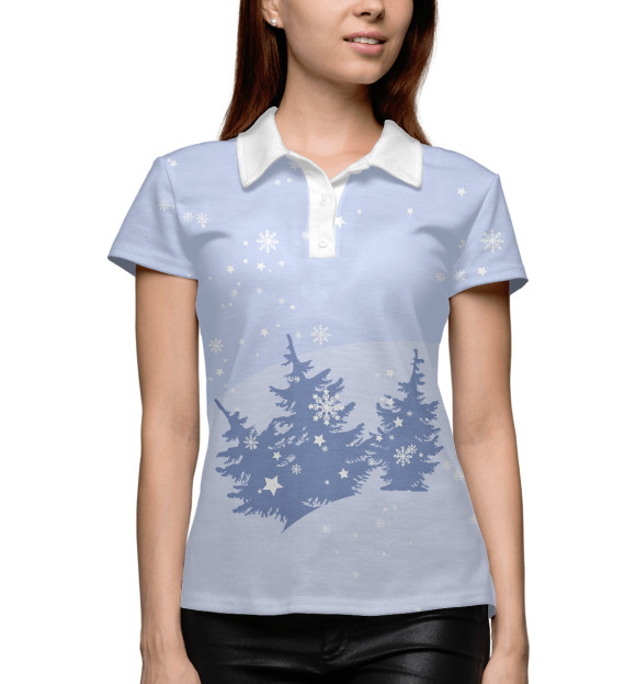 Женское поло с изображением Елки зимой цвета Белый