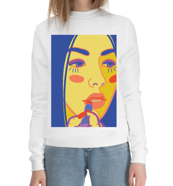 Женский хлопковый свитшот с изображением Яркий женский портрет в стиле поп-арт цвета Белый