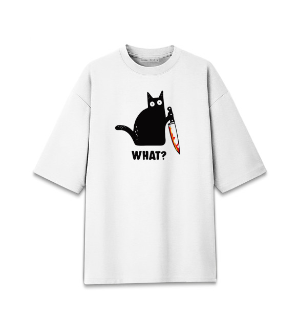 Женская футболка оверсайз с изображением Кот с ножом цвета Белый