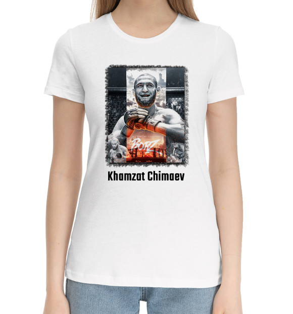 Женская хлопковая футболка с изображением Хамзат Чимаев цвета Белый