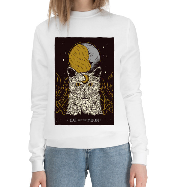 Женский хлопковый свитшот с изображением Cat Moon Tarot цвета Белый