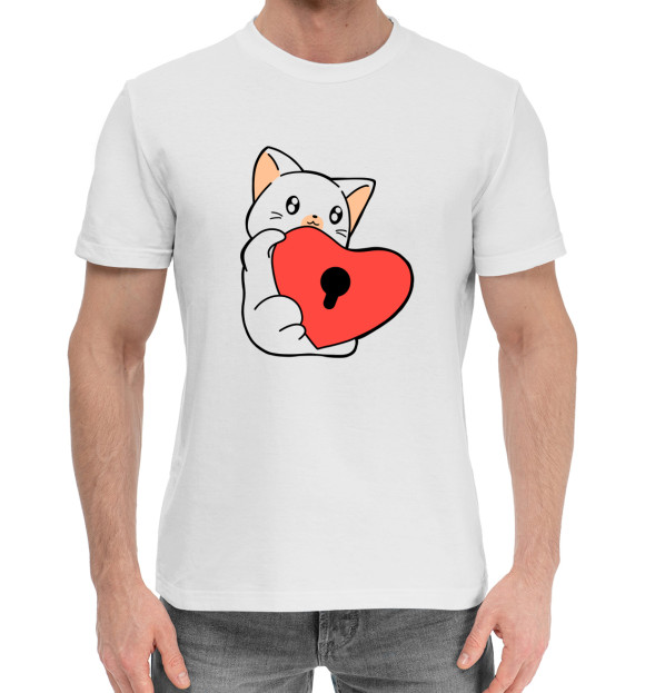 Мужская хлопковая футболка с изображением Киса с сердечком цвета Белый