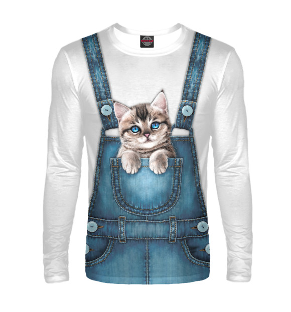 Мужской лонгслив с изображением Котёнок в кормашке цвета Белый