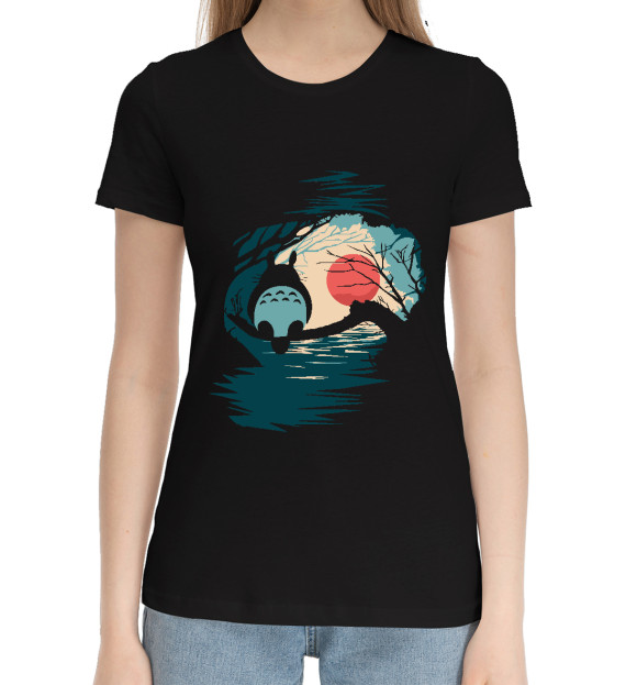 Женская хлопковая футболка с притом Тоторо цвета Черный Женская хлопковая футболка с изображением Тоторо цвета Черный