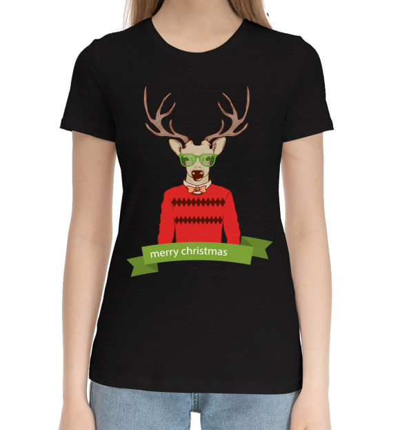 Женская хлопковая футболка с изображением Oh my Deer цвета Черный