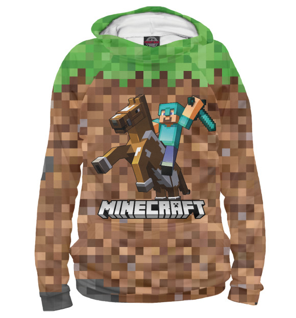 Женское худи с изображением МАЙНКРАФТ НА КОНЕ MINECRAFT цвета Белый