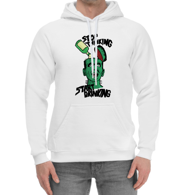 Мужской хлопковый худи с изображением КОНЧАЙ ДУМАТЬ цвета Белый