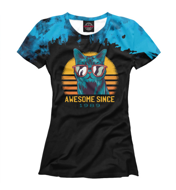 Женская футболка с изображением AWESOME CAT SINCE 1989 цвета Белый