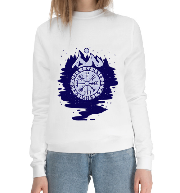 Женский хлопковый свитшот с изображением Рунический компас Вегвизир цвета Белый