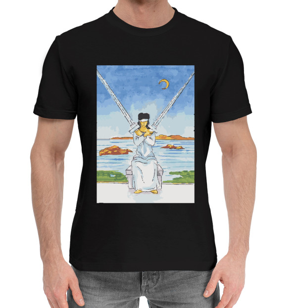 Мужская хлопковая футболка с изображением Таро Уэйта - Двойка Мечей цвета Черный