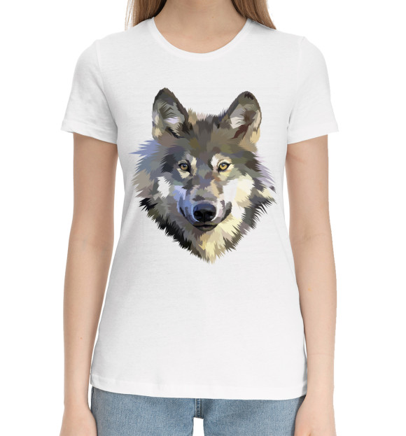 Женская хлопковая футболка с изображением Волк цвета Белый