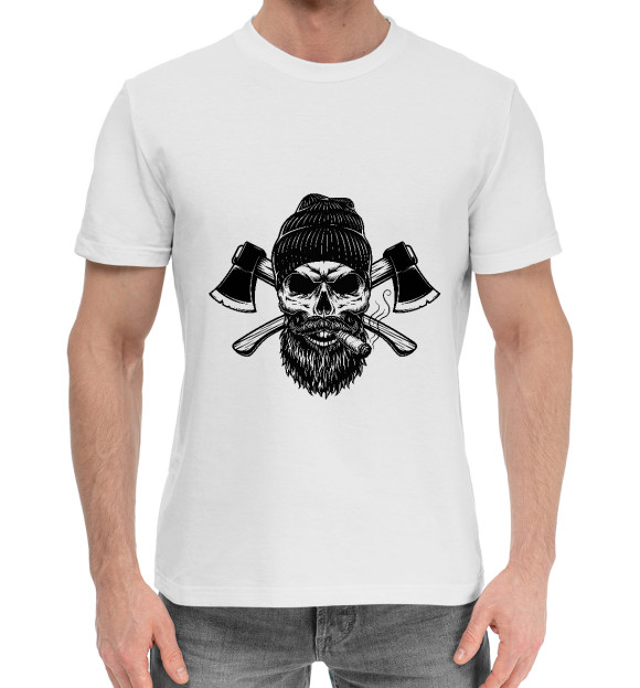 Мужская хлопковая футболка с изображением Череп брутального дровосека цвета Белый