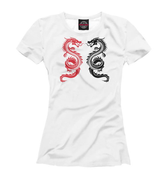 Женская футболка с изображением Два Дракона цвета Белый