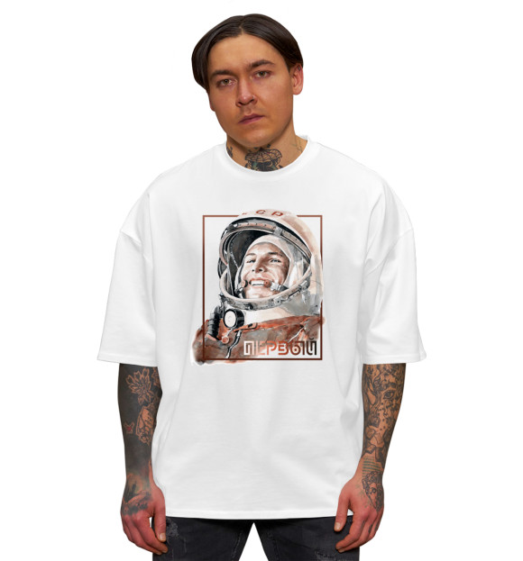 Мужская футболка оверсайз с изображением Гагарин цвета Белый