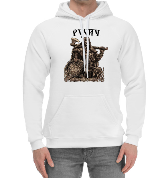 Мужской хлопковый худи с изображением Воин Русич цвета Белый