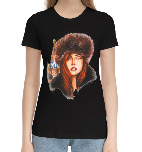 Женская хлопковая футболка с изображением Русская краса цвета Черный