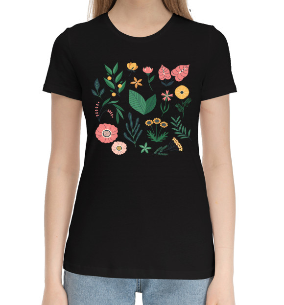 Женская хлопковая футболка с изображением Растения цвета Черный