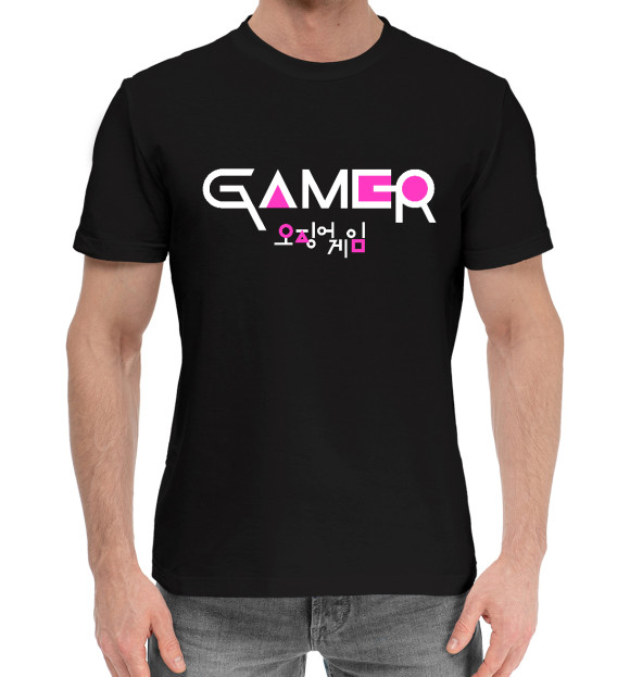 Мужская хлопковая футболка с изображением Игра в кальмара - Игрок цвета Черный