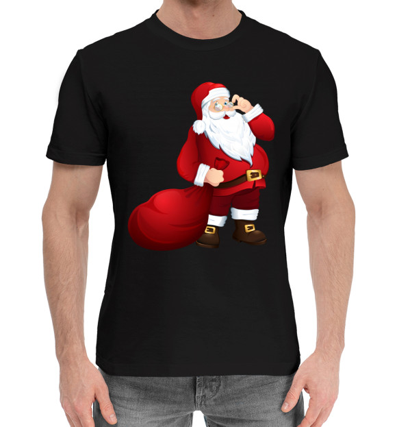 Мужская хлопковая футболка с изображением Дед Мороз цвета Черный