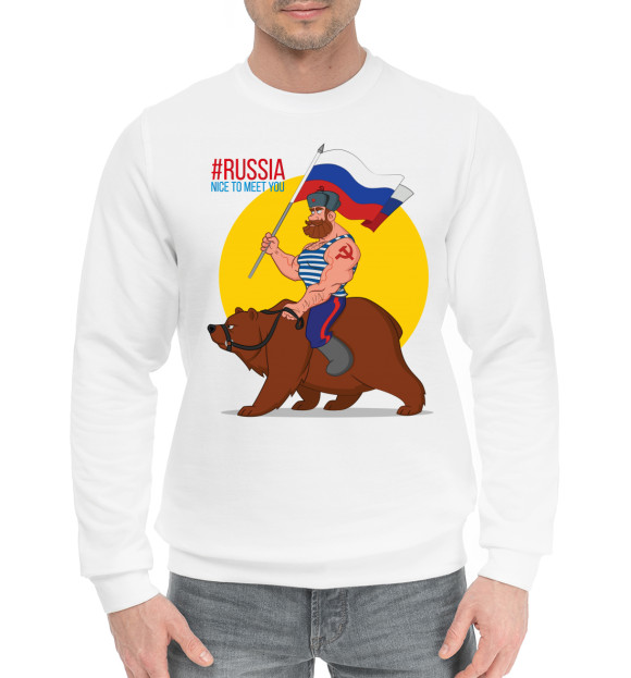 Мужской хлопковый свитшот с изображением Россия цвета Белый