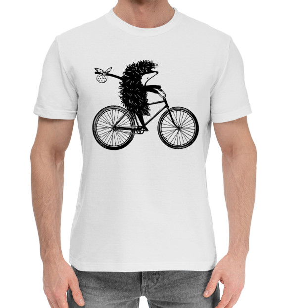 Мужская хлопковая футболка с изображением Ежик на велосипеде цвета Белый