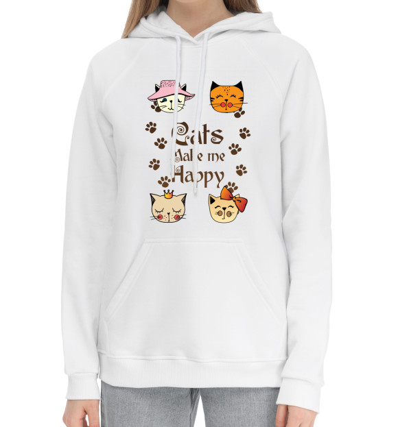 Женский хлопковый худи с изображением Cats Make me Happy цвета Белый