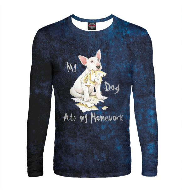 Мужской лонгслив с изображением My Bull Terrier Ate My Home цвета Белый