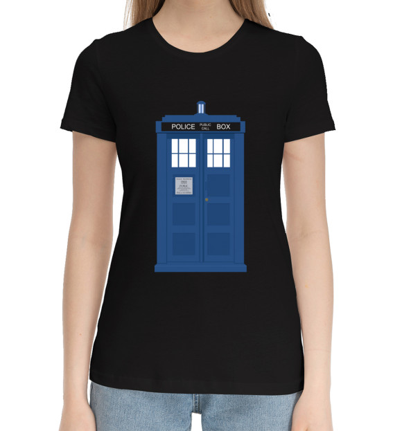 Женская хлопковая футболка с изображением Доктор Кто цвета Черный