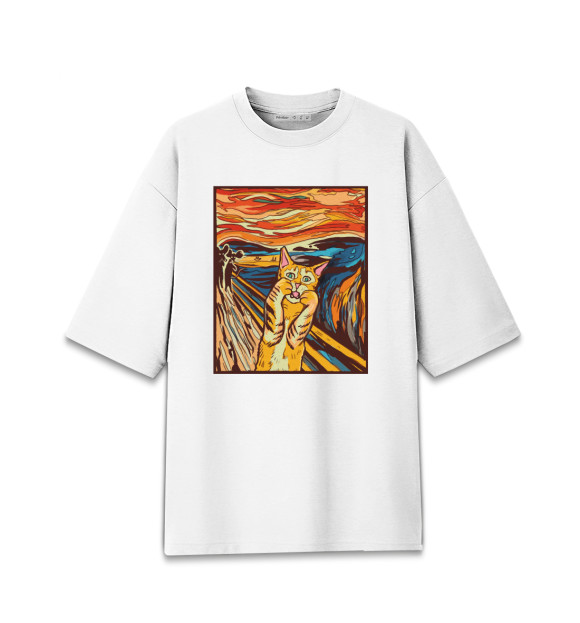 Женская футболка оверсайз с притом Крик кота Мунк пародия цвета Белый Женская футболка оверсайз с изображением Крик кота Мунк пародия цвета Белый