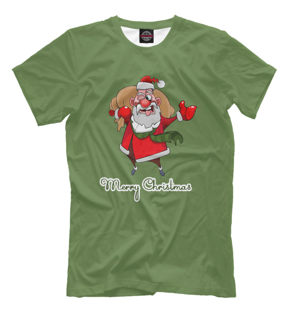 Мужская футболка с изображением Веселый дед Мороз с мешком цвета Белый