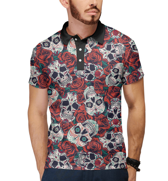 Мужское поло с притом Черепа в Розах цвета Белый Мужское поло с изображением Черепа в Розах цвета Белый