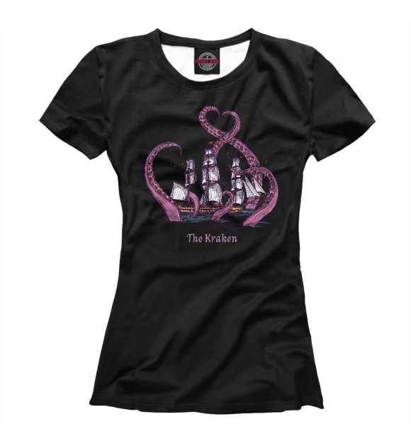 Женская футболка с изображением Кракен и корабль цвета Белый